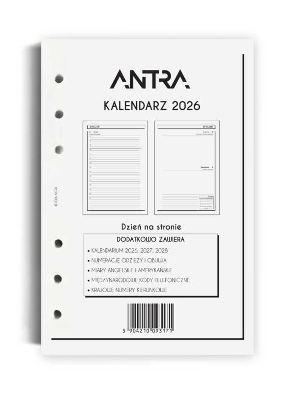 Wkład kalendarzowy 2026 A5 DNS (dzień na stronie, białe kartki)