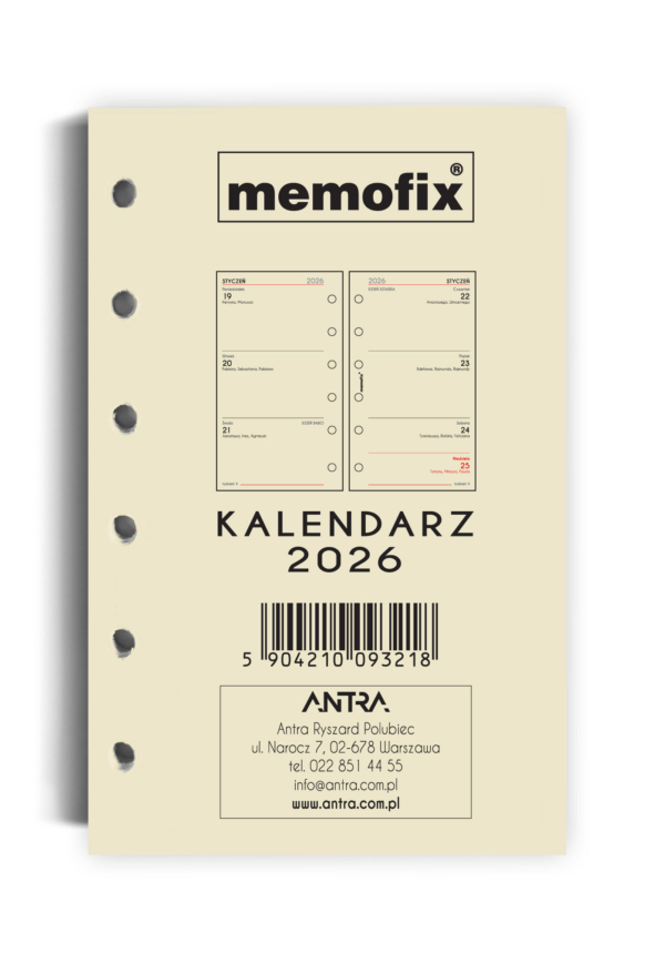 Wkład kalendarzowy 2026 Memofix A6 TDW (tydzień do wglądu)