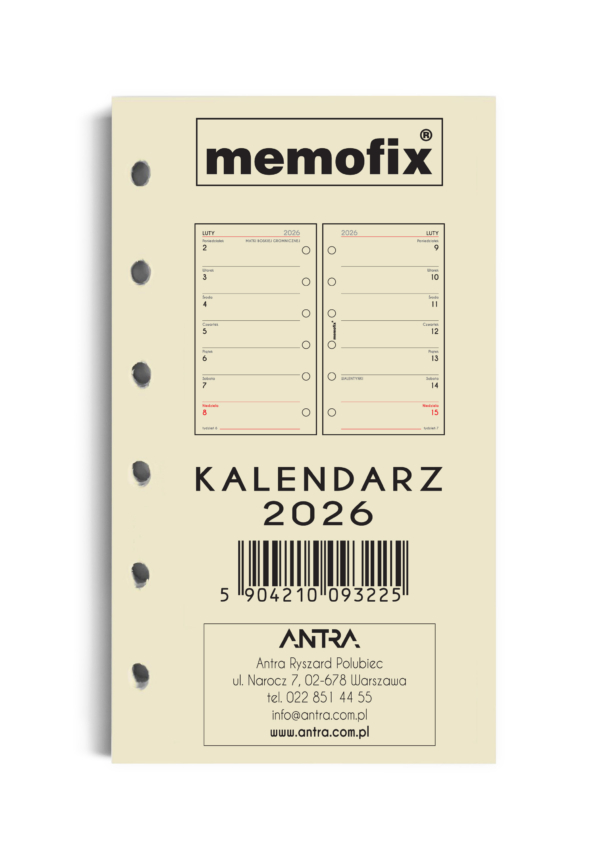 Wkład kalendarzowy 2026 Memofix A6 TNS (tydzień na stronie)