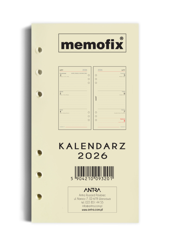 Wkład kalendarzowy 2026 Memofix B6 TDW (tydzień do wglądu)